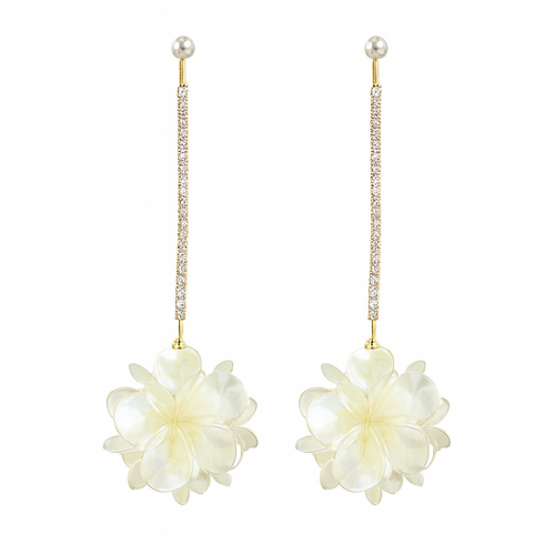 Gold Bar CZ & White Floral Drop Earrings