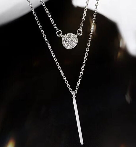 S925 Silver Color Double Chain Long Stick Micro Pave Zircon Round