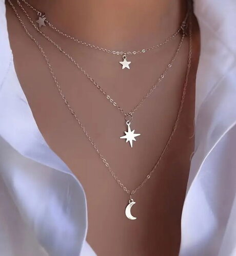 Vintage Moon & Star Shape Pendant Necklace Multilayer Chain