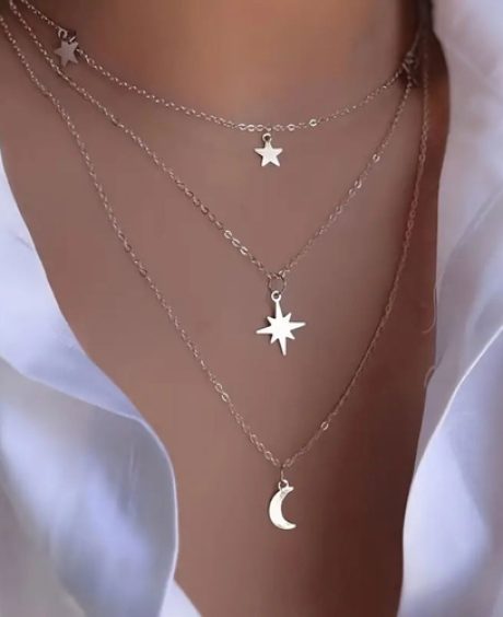 Vintage Moon & Star Shape Pendant Necklace Multilayer Chain