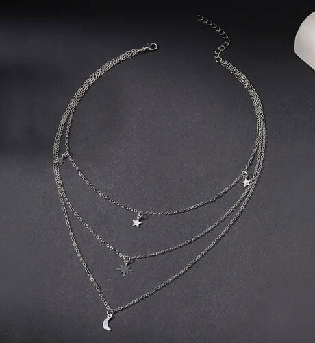 Vintage Moon & Star Shape Pendant Necklace Multilayer Chain