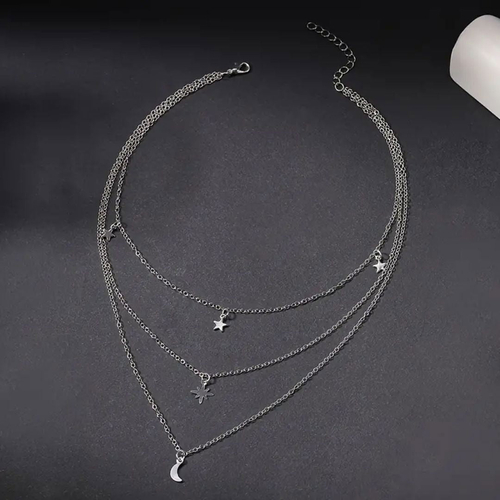 Vintage Moon & Star Shape Pendant Necklace Multilayer Chain