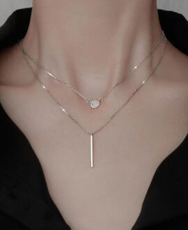 S925 Silver Color Double Chain Long Stick Micro Pave Zircon Round