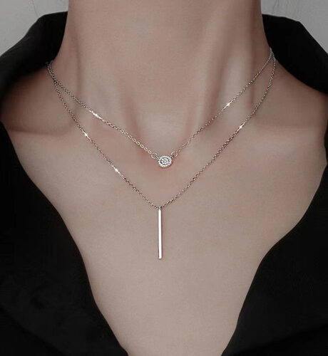 S925 Silver Color Double Chain Long Stick Micro Pave Zircon Round