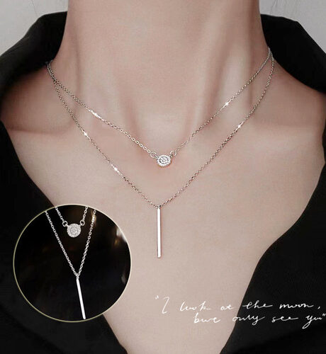 S925 Silver Color Double Chain Long Stick Micro Pave Zircon Round
