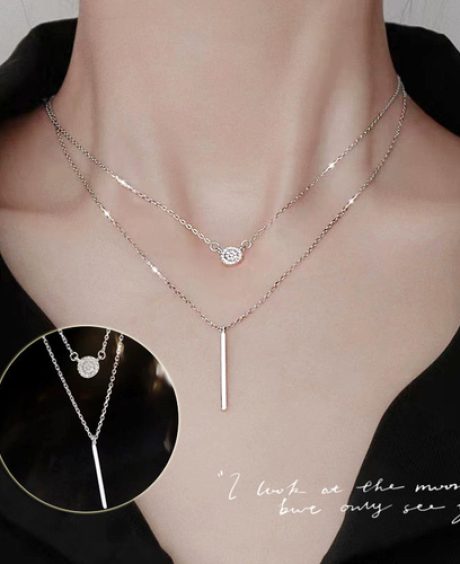 S925 Silver Color Double Chain Long Stick Micro Pave Zircon Round